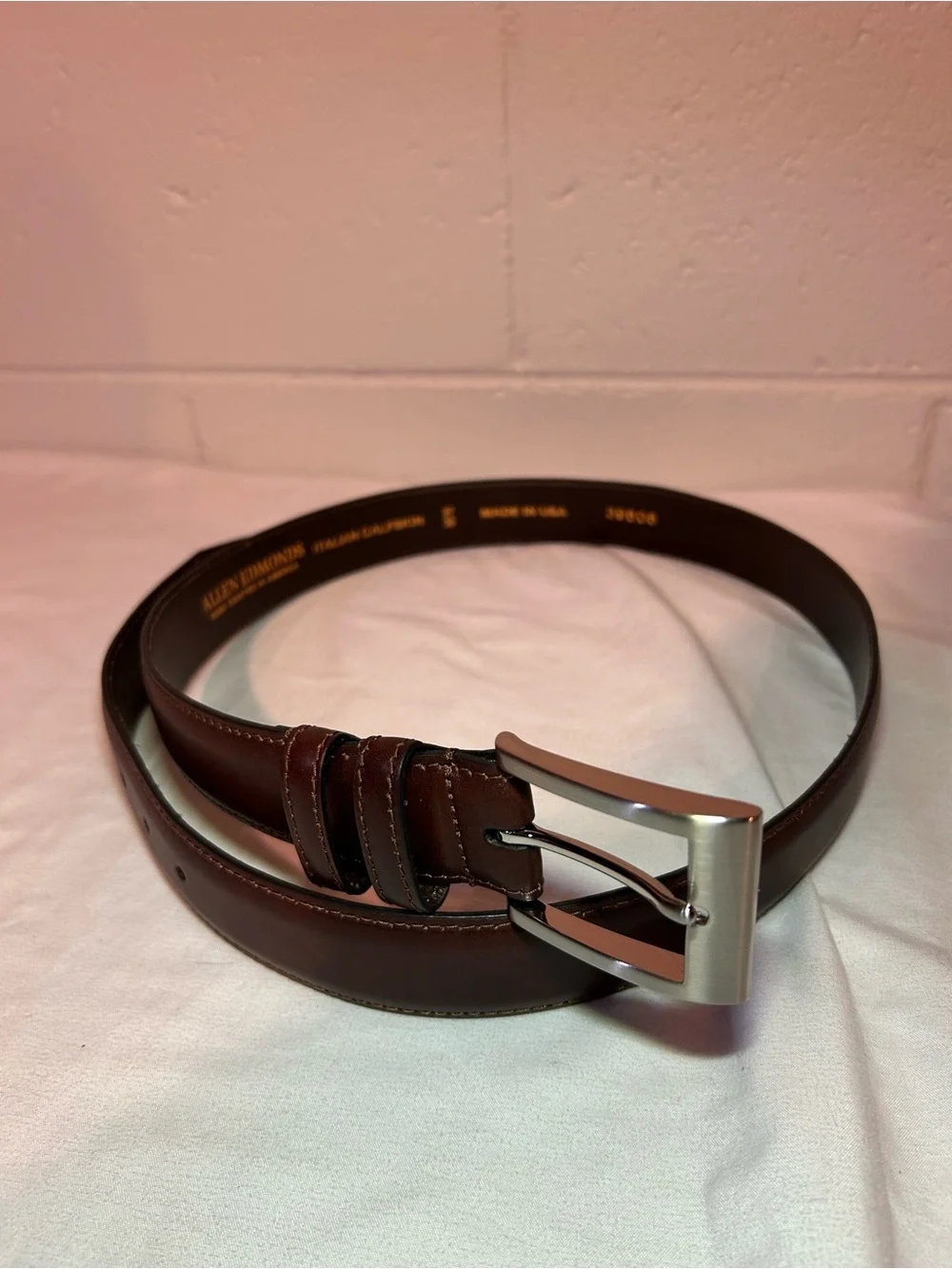 Allen Edmonds Brown Leather Belt with Brushed Silver Buckle 97/38